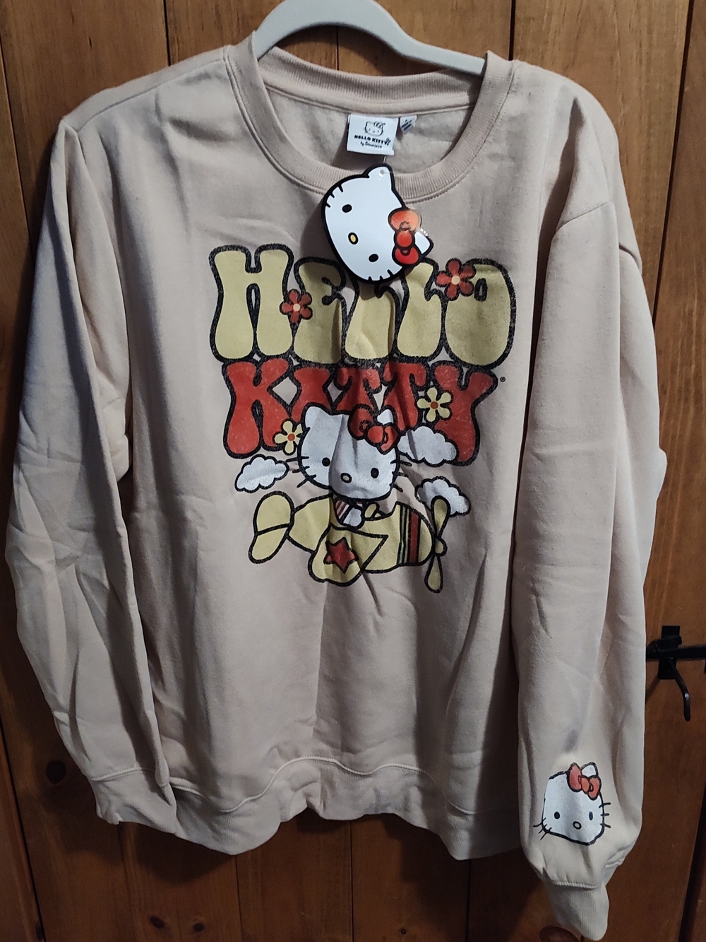 Hello Kitty Beige Graphic Crewneck Sweatshirt with Red & Yellow Accents